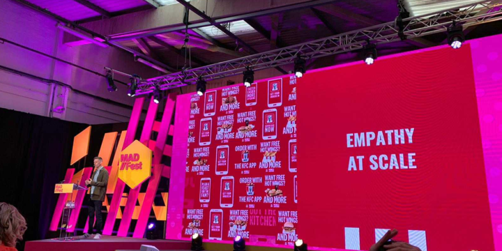 KFC marketing, giving a speech at MAD//Fest london, old truman brewery, on how to build empathy through brand measurement
